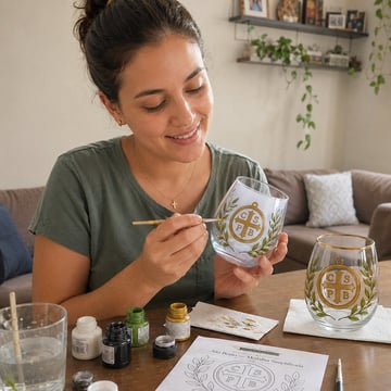 Mujer pintando copas en la sala de su casa