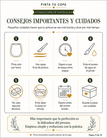 Página con consejos importantes y cuidados de la copa pintada