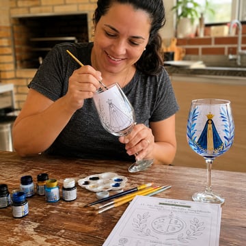 Mujer pintando una copa con la plantilla impresa