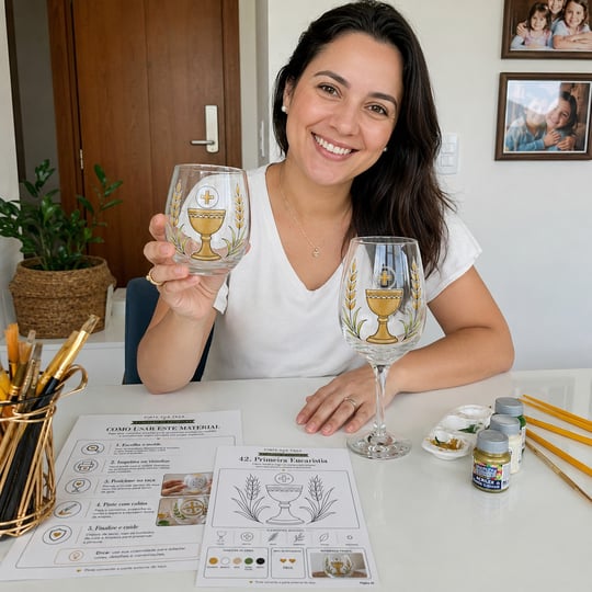 Mujer sosteniendo dos copas pintadas a mano