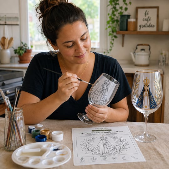Mujer pintando una copa usando la plantilla dentro del vidrio
